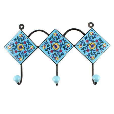 Turquoise With Yellow Wheel Flower Ceramic Tiles Hook 